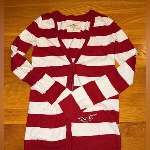 Y2K Hollister Striped Cardigan Sweater | Red & White | Logo | Medium
